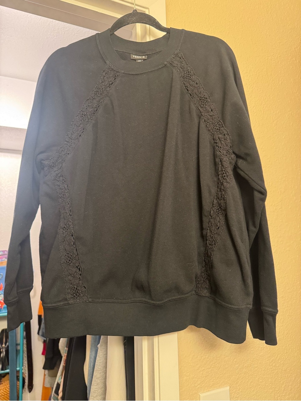 torrid Black Crewneck Sweater with Lace Inset